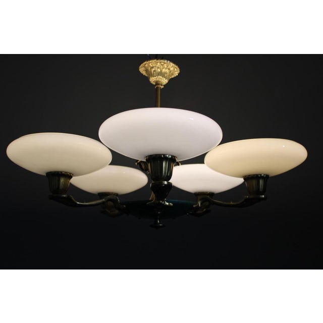 Art Deco Brass and White Glass Chandelier from Lyfa, Denmark, 1940s For Sale - Image 11 of 12