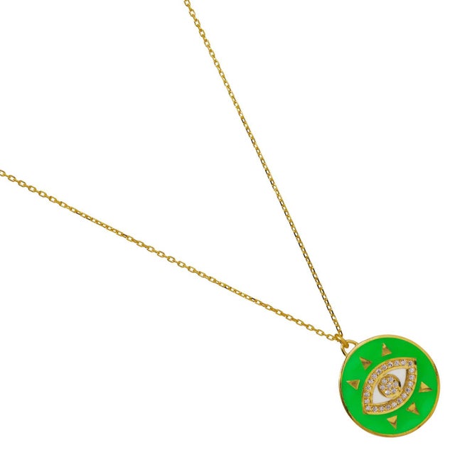 Cheerful Neon Green Evil Eye & Diamond Pendant Gold Chain Necklace For Sale In Miami - Image 6 of 7