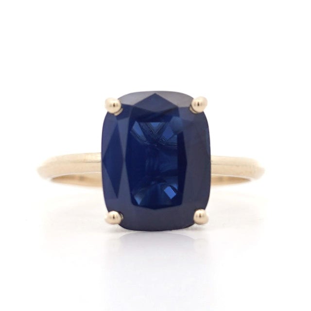 Metal Gia Certified 5.11 Carat Cushion Blue Sapphire 14k Yellow Gold Solitaire Ring, Size 7 For Sale - Image 7 of 10