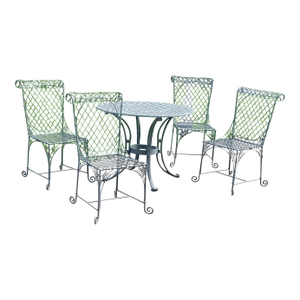 1970s Wireworks Style Cast Iron Table & 4 Wire Finish Chairs