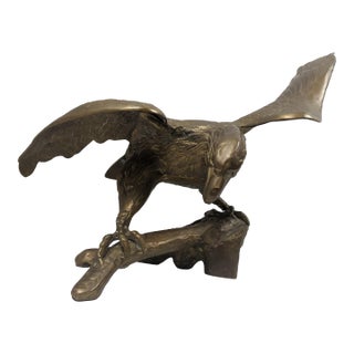 Vintage Solid Brass Eagle Sculpture on Branch Pedestal Base, 19" Wingspan For Sale