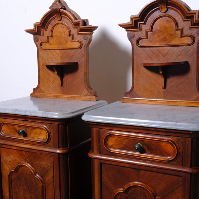 Antique Bedside Tables with Marble Backsplashes and Bases, Late 19th Century, Set of 2 For Sale - Image 6 of 18