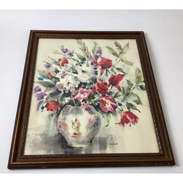 Vintage Signed S. Ritchkoff Watercolor Still Life – Vase of Flowers. For Sale - Image 4 of 7