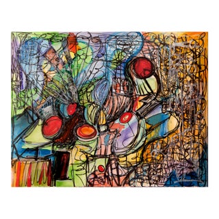 Around the Tree — Abstract Expressionist Painting, Oil Markers and Acrylics on Paper, 18 × 24 In For Sale