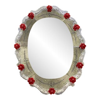 Venetian Murano Glass Oval Red Floral Wall Mirror – Hand-Carved Italian Art For Sale