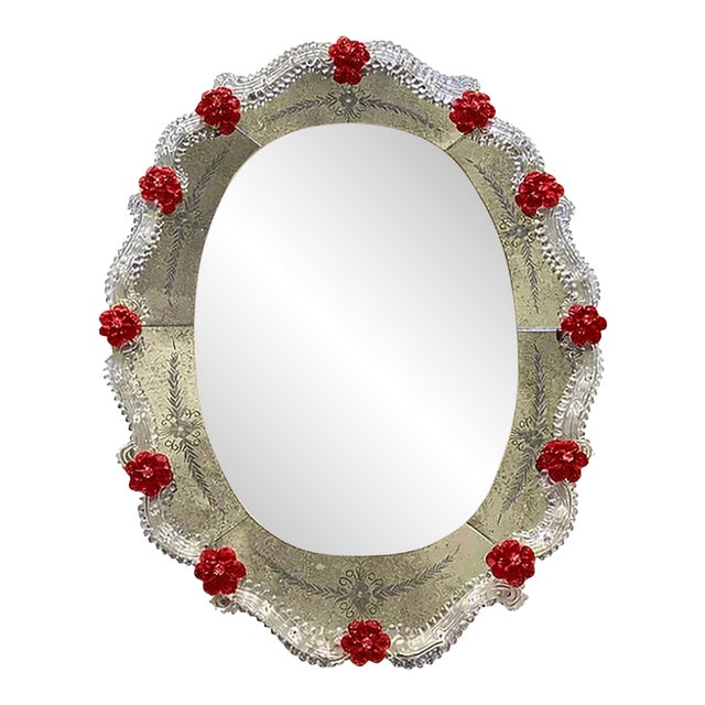 Venetian Murano Glass Oval Red Floral Wall Mirror – Hand-Carved Italian Art For Sale