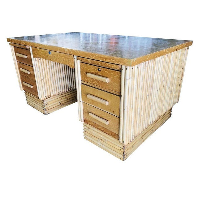 Mid-Century Modern Restored Mid-Century Vertically Stacked Rattan & Mahogany Executive Desk For Sale - Image 3 of 11