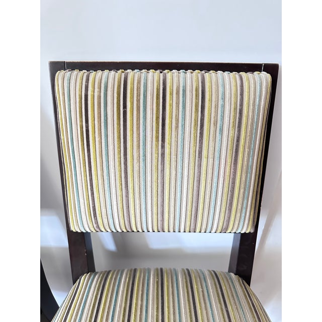 Crate & Barrel Set of 2 Cherish-Bar Stools From Crate & Barrel With Romo Striped Textured Velvet Upholstery Seat Covering For Sale - Image 4 of 12