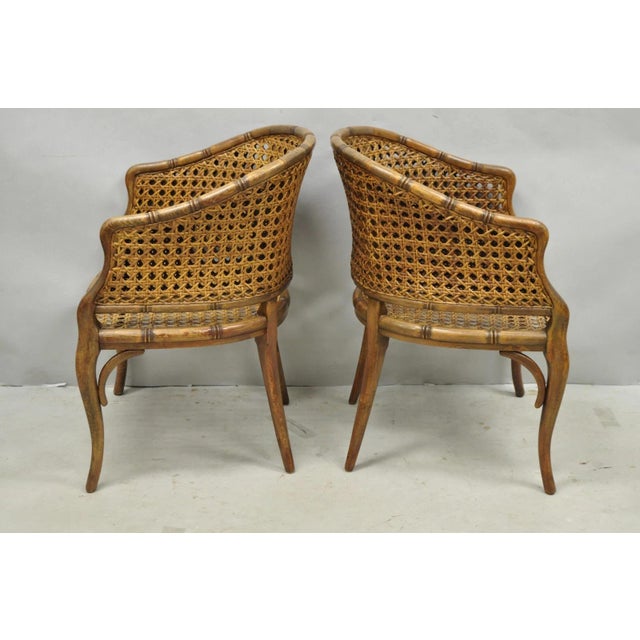 Vintage Hollywood Regency Faux Bamboo Wood & Cane Barrel Back Lounge Chair, Pair For Sale - Image 15 of 15
