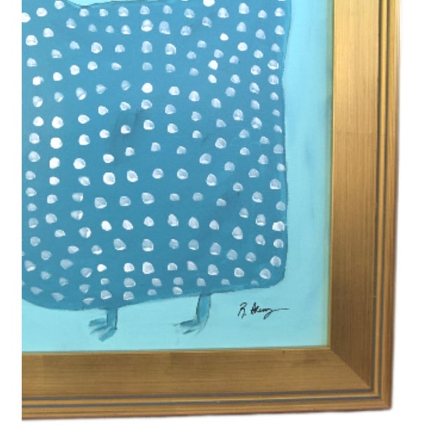 An original whimsical folk art painting by artist Ruth Arenz, featuring a stylized blue hen/chicken/rooster with white...