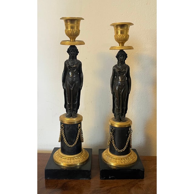 French Antique Early 19th Century French Empire Gilt & Patinated Bronze Caryatid Candlestick Holders Circa 1810 - A Pai For Sale - Image 3 of 12