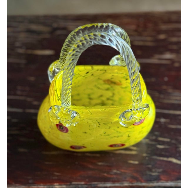 Murano Mid 20th Century Yellow Italian Art Glass Handbag (Purse) Vase With Embedded Millefiori, Murano Style For Sale - Image 4 of 11