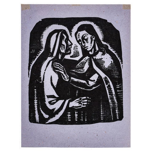 Biblical woodcut by German artist Walter Mellman (1910-2001) "The Visitation" woodcut on paper. Unsigned, with original...