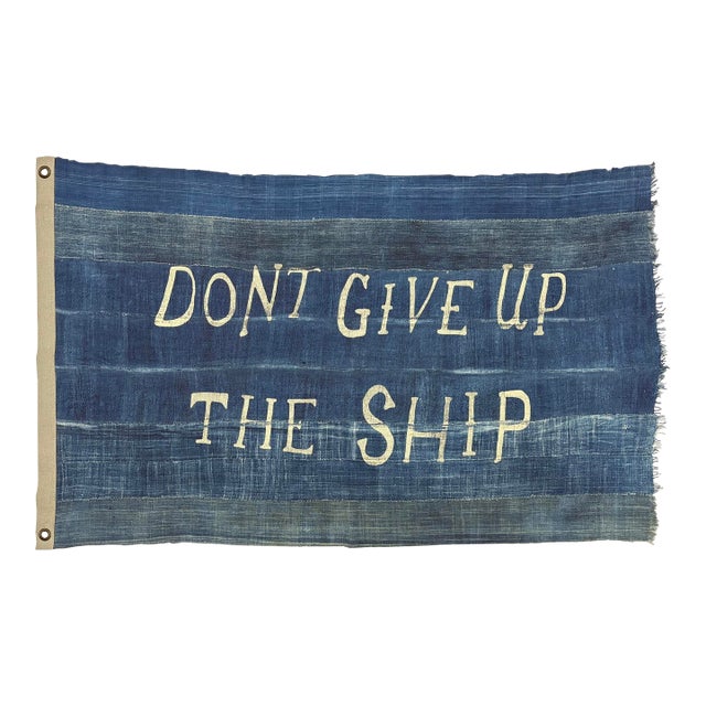 Large Patchwork Indigo Flag, Don't Give Up the Ship, Unique For Sale