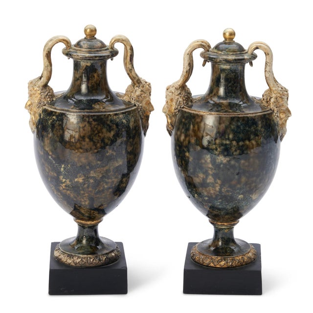 English Antique 18th Century George III Wedgwood & Bentley Creamware Urns or Mantel Vases With Faux Stone Glaze & Satyr Mask Handles Circa 1780 - A Pair For Sale - Image 3 of 18