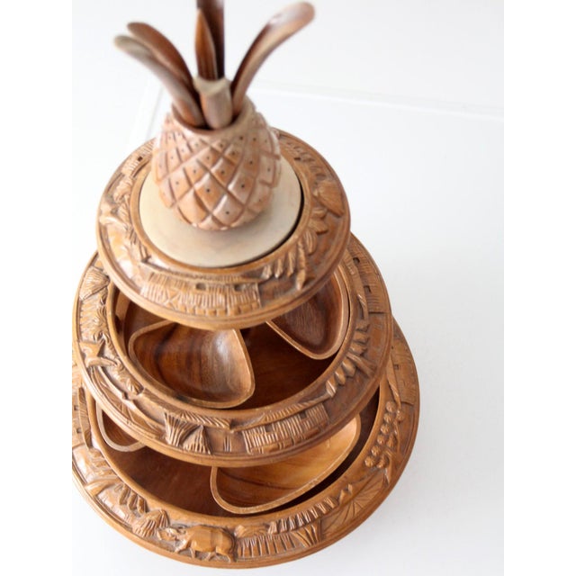 Vintage Mid-Century Carved Wood Tiered Lazy Susan With Pineapple Finial For Sale - Image 9 of 17