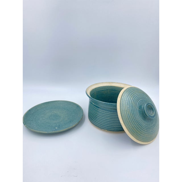1960s Vintage Studio Pottery Covered Berry Bowl With Lid and Drip Plate, Blue Green Ceramic Colander, Signed Handmade Produce Keeper For Sale - Image 5 of 13