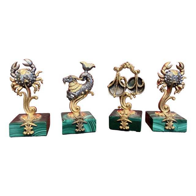 Vintage Italian Gilt 800 Silver Zodiac Place Card Holders with Malachite Bases, 1950s, Set of 4 For Sale
