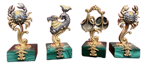 Vintage Italian Gilt 800 Silver Zodiac Place Card Holders with Malachite Bases, 1950s, Set of 4