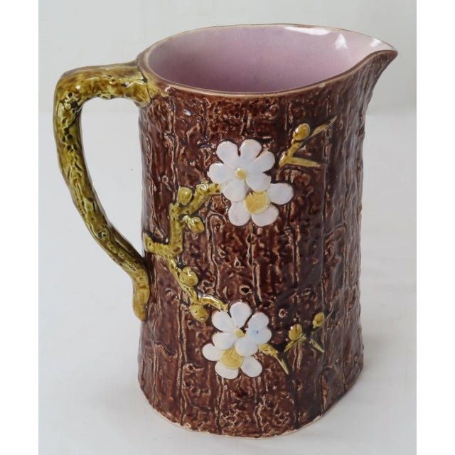 Large Size Antique American Victorian Majolica Dogwood Tree & Flower Pitcher For Sale - Image 13 of 13