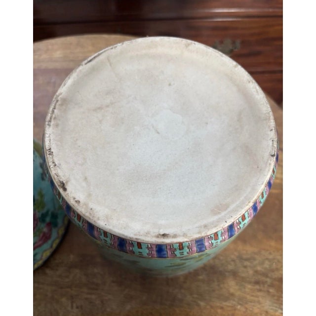 Early to Mid Twentieth Century Famille Famille Rose Turquoise Ground Heavily-Enameled 8” Cachepots With Dragon Motif, a Pair For Sale - Image 6 of 9