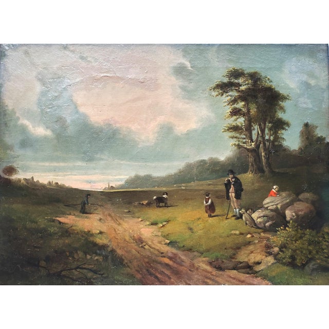 This is a lovely original oil painting showing a sheep herder with two little children and dogs in the foreground. One...