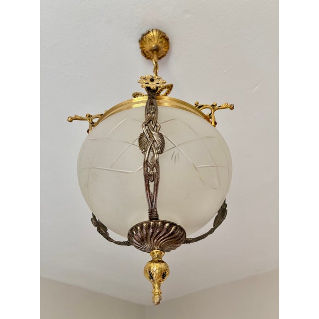 1960s French Brass & Etched Glass Bowl Pendant Light - Restored For Sale - Image 17 of 18
