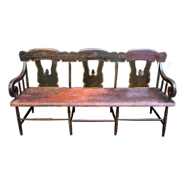 Antique 19th Century Early American Primitive Folk Art Style Hand Painted Bench For Sale