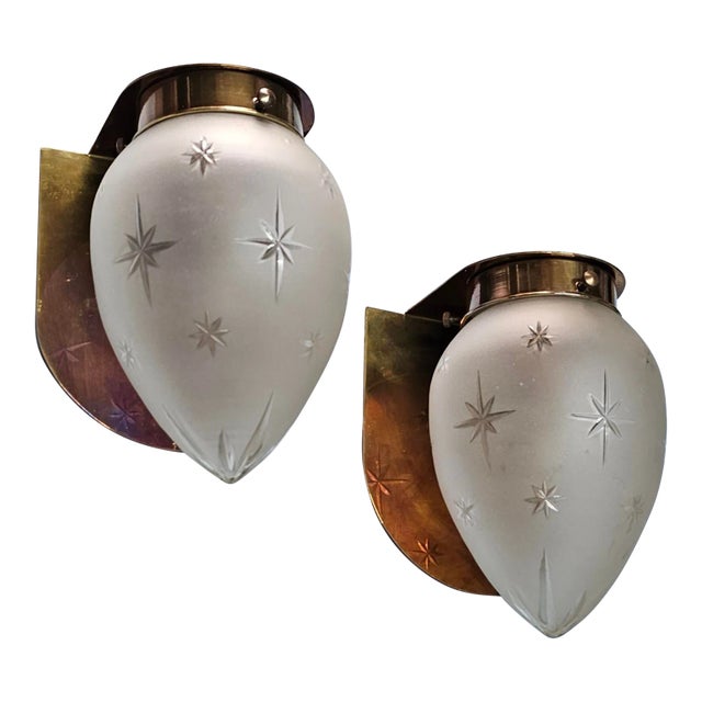 Pair of Vintage Art Deco Wall Sconces Fixture Brass & Star Glass Shade Lamp Ship Light For Sale