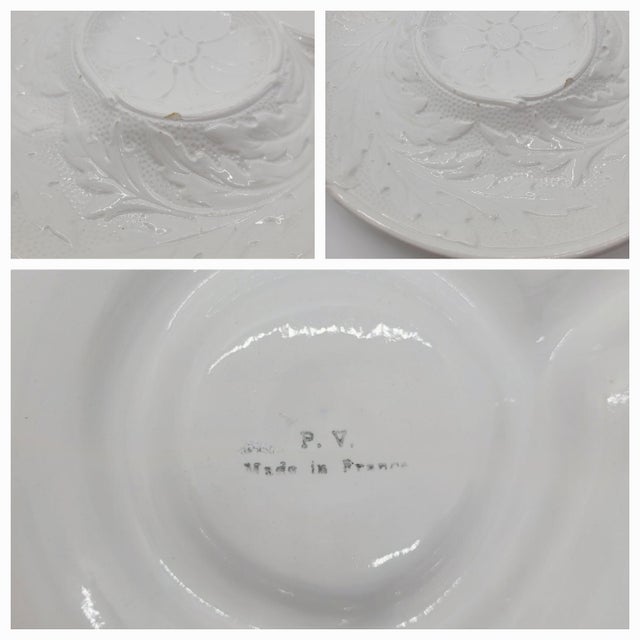 Vintage p.v. France White Majolica Artichoke Plates Floral Embossed Relief - Set of 5 For Sale - Image 9 of 17