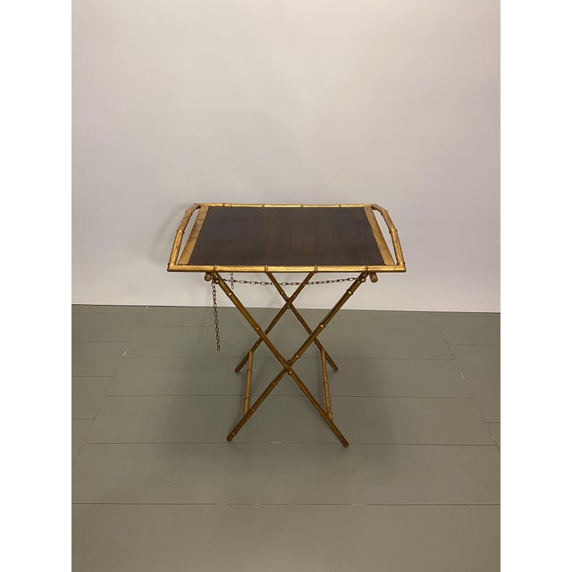 Folding side table with removable tray, gilded metal with bamboo look, the tray has a varnished wooden inlay, Italy from...