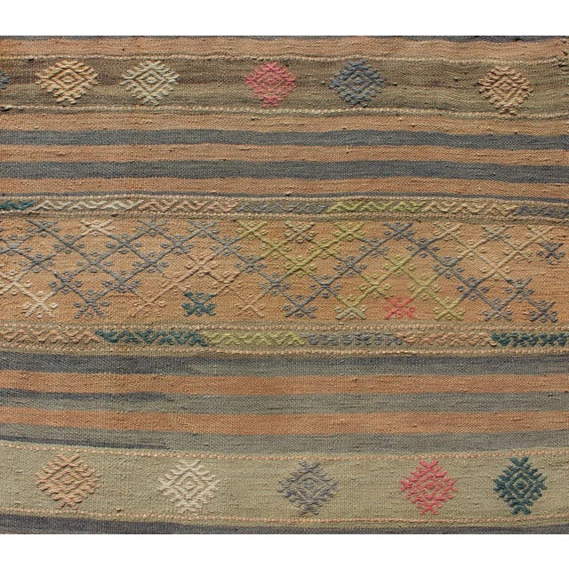 Tan Vintage Hand Woven Turkish Kilim Runner With Geometric Shapes and Colorful Stripes For Sale - Image 8 of 12