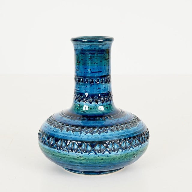 Stunning mid-century decorative vase in turquoise glazed ceramic designed by Aldo Londi and produced by Bitossi in Italy...