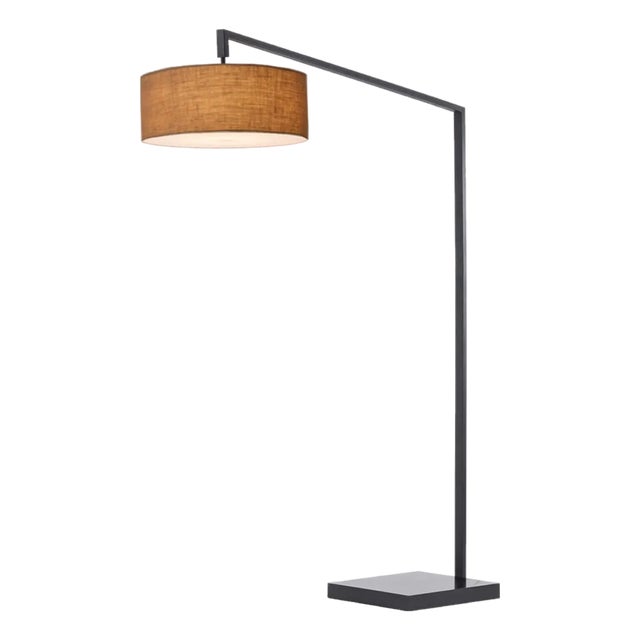 75"h Nova of California Stretch 1-Light Floor Lamp - Mid Century Modern, Chairside Arc Lamp, Burlap Shade, Black Body, Dimmable For Sale