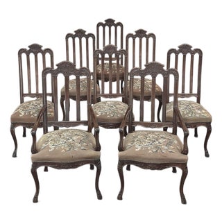 Set of 8 Antique Country French Liègeois Dining Chairs With Needlepoint Tapestry Includes 2 Armchairs For Sale