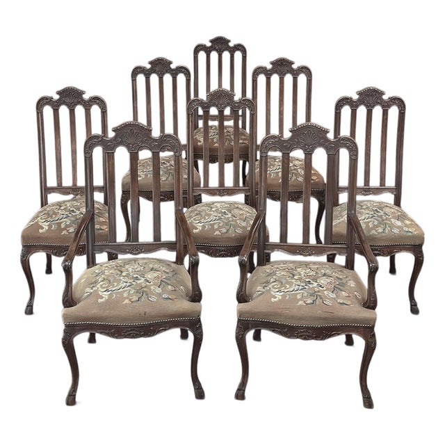 Set of 8 Antique Country French Liègeois Dining Chairs With Needlepoint Tapestry Includes 2 Armchairs For Sale