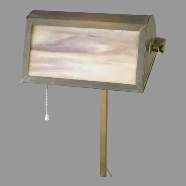 Antique Arts & Crafts Brass & Slag Glass Bankers Desk Table Lamp For Sale - Image 4 of 11