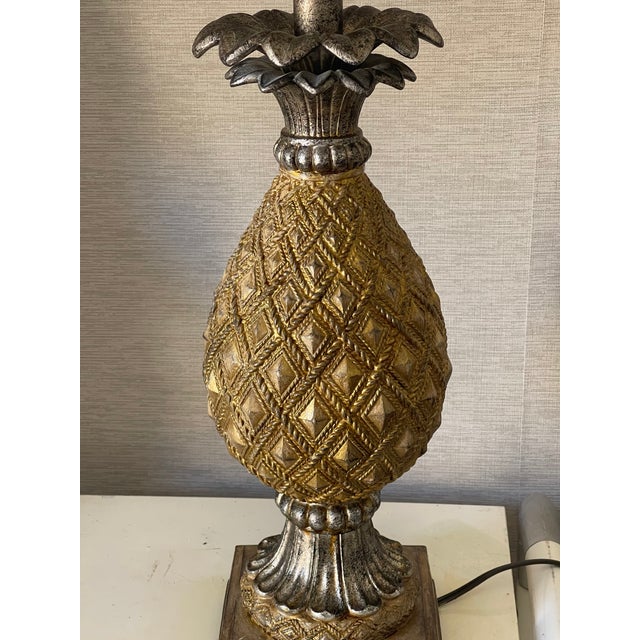 1970s 1970s Tropical Coastal Faux Wood Pineapple Table Lamps Custom Shades - A Pair For Sale - Image 5 of 6