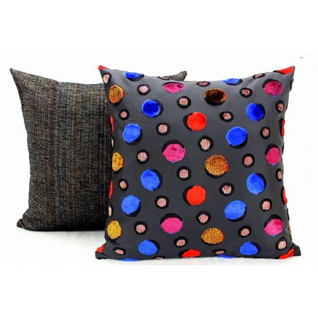 Multicolor Velvet Polka Dot Black Italian Silk Pillows- a Pair For Sale - Image 10 of 12