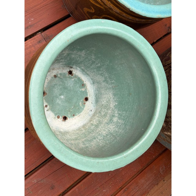 Brown Large Chinese Glazed Terracotta Earthenware Planter Set Decorated With Dragons Egg Pots For Sale - Image 8 of 18
