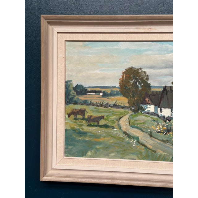 Original Vintage Scandinavian Oil on Canvas – “Farms with Grazing Cows” by Hjalmar Lindblom – Signed – Framed – 60 × 50 cm...