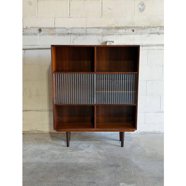 Brown Rosewood Bookcase Ith Ribbed Sliding Glass Doors Mid-Century Modern Denmark 1960s For Sale - Image 8 of 10