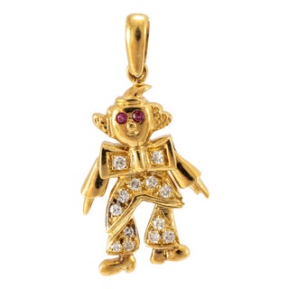 Vintage 18k Yellow Gold 0.31ctw Ruby Eyes Diamond Movable Clown Drop Pendant For Sale