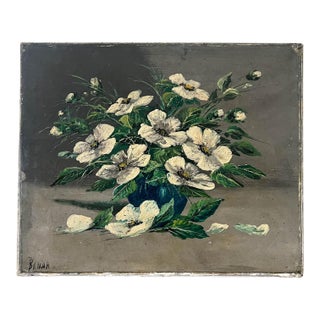 Antique French Floral Dogwood Still Life Oil Painting on Canvas For Sale