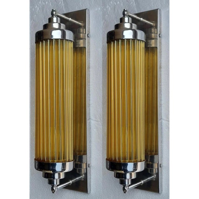 Metal Vintage Art Deco Rod Ship Light Skyscraper Lamp Wall Sconces in Nickel Brass & Amber Glass - a Pair For Sale - Image 7 of 7