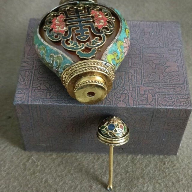 Chinese Vintage Gilt Bronze Enamel Snuff Bottle - Floral & Character Design For Sale - Image 3 of 9