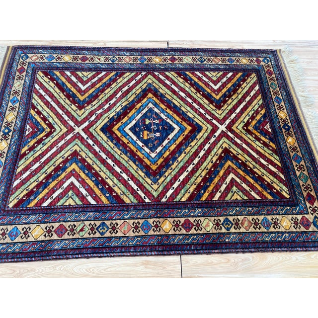 Vintage Kazak Wool Rug, Sunburst Medallion For Sale - Image 6 of 11