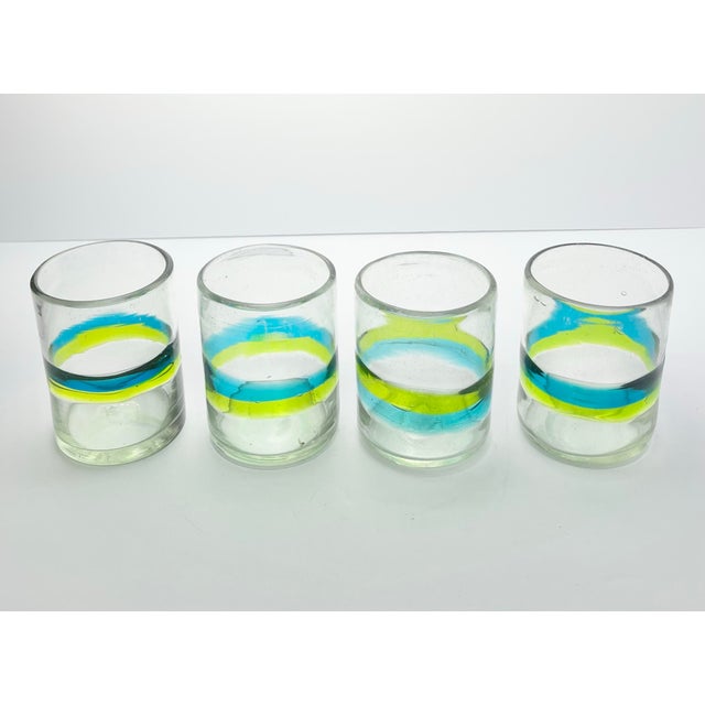 Mexican 4 Mexican Handblown Aqua Blue Lime Green Banded Tumbler Drinking Glasses For Sale - Image 3 of 6