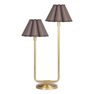 Polly Double Arm Table Lamp, Natural Brass with Umber Scalloped Shade For Sale