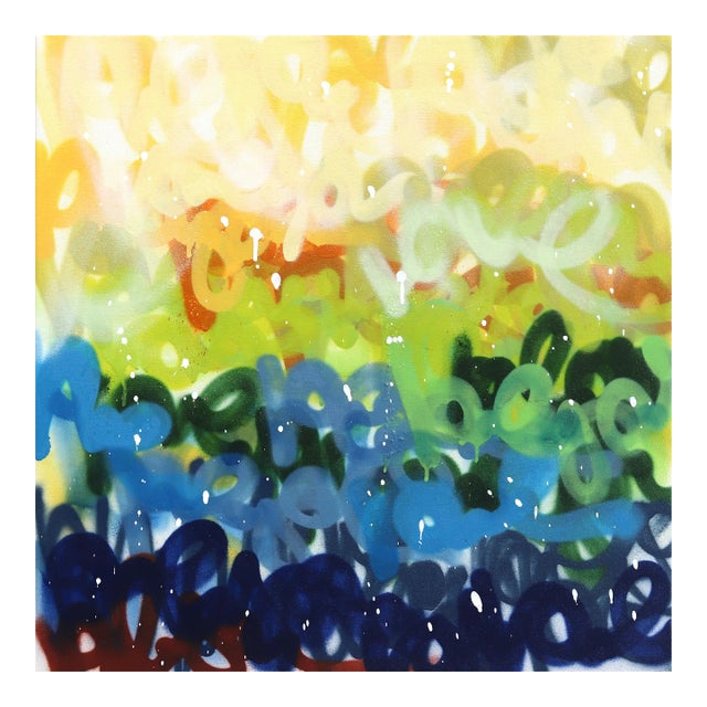 Landscape Charm - Colorful Yellow Green Blue Painting on Canvas Original Artwork by Amber Goldhammer For Sale